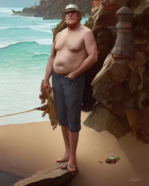 Prompt: beautiful, danny de vito standing in front of a beach, intricate, stunning, highly detailed, digital painting, artstation, concept art, smooth, sharp, focus, illustration, art by artgerm and greg rutkowski and alphonse mucha