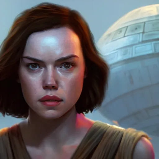 Image similar to daisy ridley ( star wars ), colorful oil painting, unreal 5, daz, hyperrealistic, octane render, rpg portrait, dynamic lighting, fantasy art, beautiful face