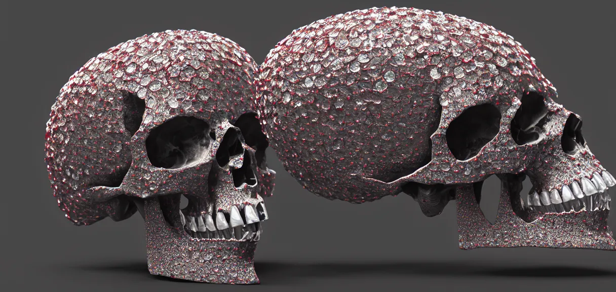 Prompt: still life of, side view, translucent, filled with blood, diamond crystal, [ [ [ ten skulls ] ] ], octane, chroma, 3 d, excessively - dimensional, 8 k, polygon, crepuscular rays, electric arc, volumetric light, ray tracing global illumination, transparent, ray tracing reflections, chromatic aberration,