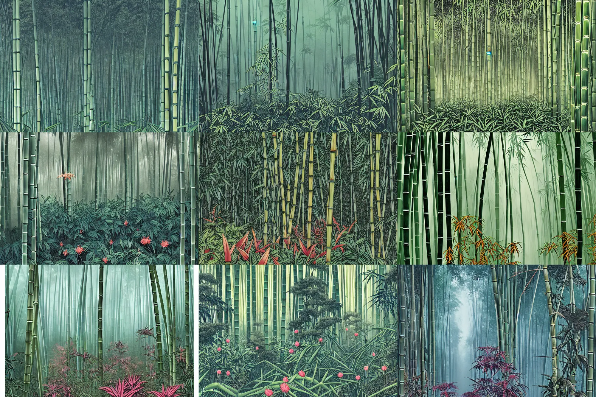 Prompt: bamboo forest, lot of exotic vegetation, trees, flowers, dull colors, in the foggy huge forest, by moebius, junji ito, tristan eaton, victo ngai, artgerm, rhads, ross draws, hyperrealism, intricate detailed