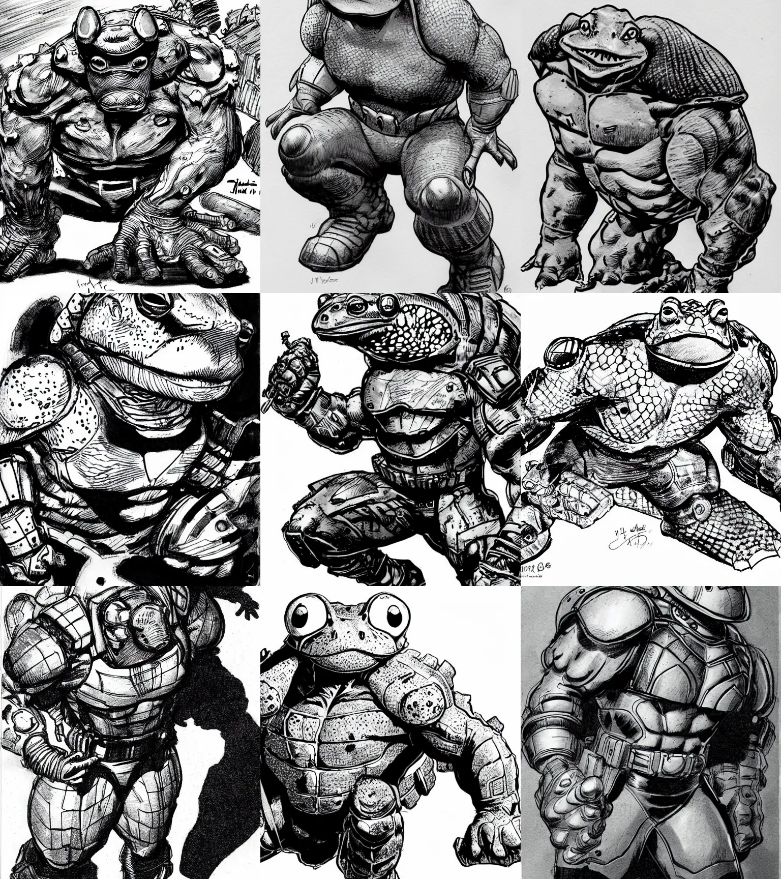 Image similar to toad animal!!! jim lee!!! medium shot!! flat grayscale ink sketch by jim lee close up in the style of jim lee, cyborg! armored hunter hulk toad animal looks at the camera by jim lee