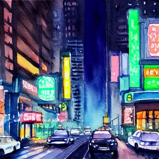 Prompt: watercolor painting of new york city, street view, night, glow of neon lights.