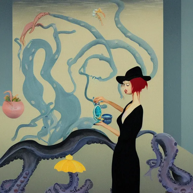 Image similar to tall female emo artist holding an octopus in a flooded cafe, octopus, water gushing from ceiling, painting of flood waters inside a cafe, a river flooding indoors, pomegranates, pigs, ikebana, water, octopus, river, rapids, waterfall, black swans, canoe, berries, acrylic on canvas, surrealist, by magritte and monet