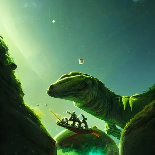 Image similar to Astronauts and green aliens are riding some dinosaurs on saturn's ring and saturn is as background, by Jordan Grimmer digital art, trending on Artstation,