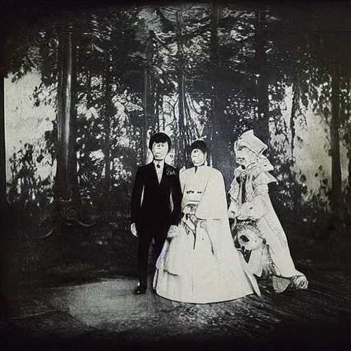 Prompt: A wide-angle, full-shot, colourful black-and-white Russian and Japanese historical fantasy photograph taken within the royal wedding venue in 1907 that was inspired by an enchanted ethereal forest was photographed by the event's official photographer.
