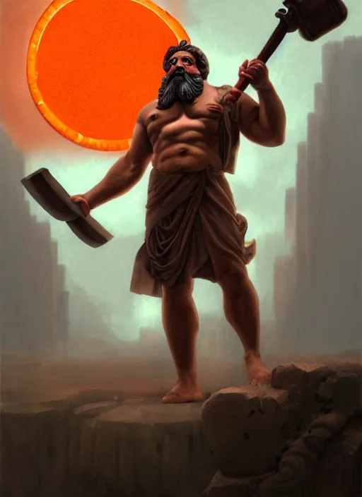 Image similar to the greek god hephaestus, brown hair, holding hammer, facing forward, steampunk, beautiful glowing eyes, volumetric lights, red and orange theme, art nouveau botanicals, intricate, highly detailed, digital painting, artstation, concept art, smooth, sharp focus, cinematic, illustration, beautiful face, art by artgerm and greg rutkowski and alphonse mucha