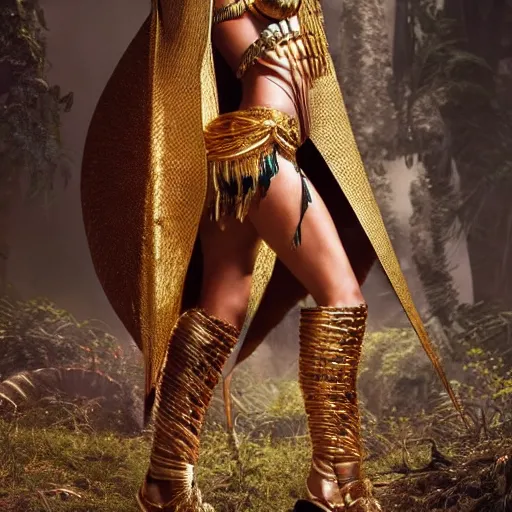 Image similar to full body photo of megan fox as a beautiful amazon warrior goddess wearing a flowing cape and golden chain mail armor, ornate jewelry, in the jungle, studio lighting, octane render, fashion photo by Arney freytag