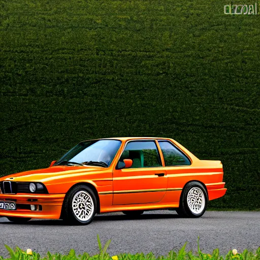 Image similar to photorealistic image of orange bmw e 3 0 m 3 in a field of flowers, picture taken from below