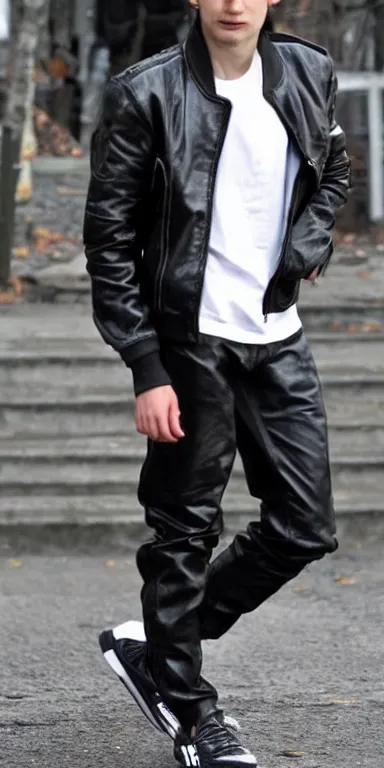 Prompt: russian gopnik in a black leather jacket, and white Adidas pants. extreme long shot. midday