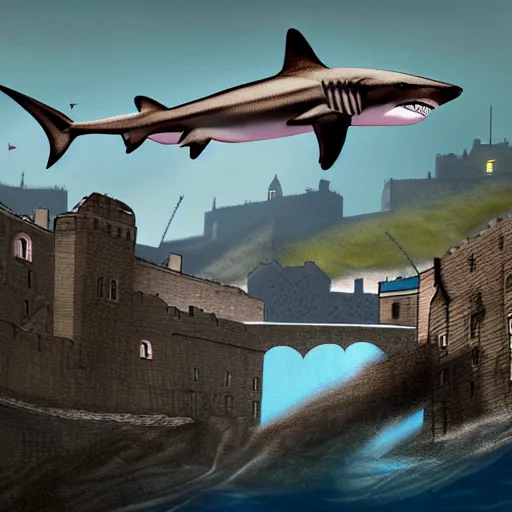 Image similar to sharks swimming above Edinburgh Castle, concept art in style of Greg Rutkowki, dynamic lighting