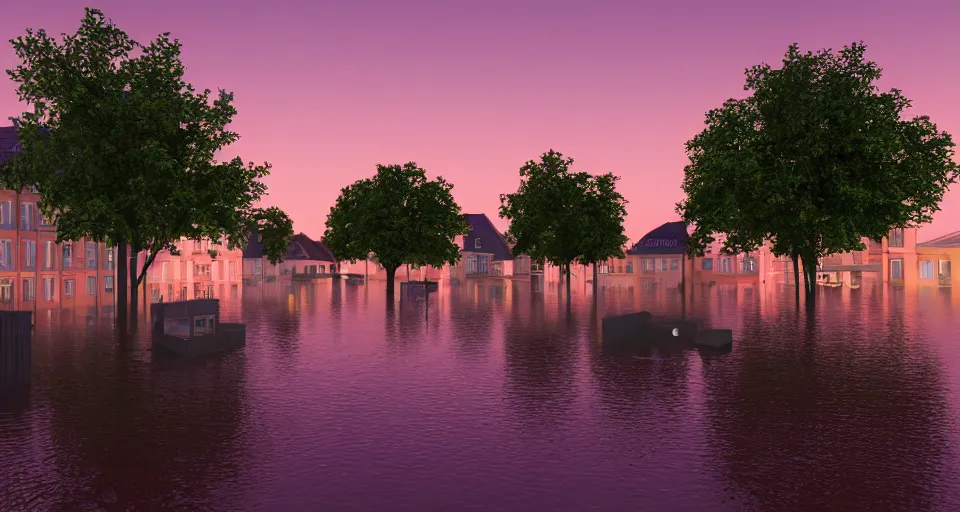 Prompt: a poignant 80s vaporwave outrun 3d Render of a german town being flooded at dusk, soft lighting, matte colors, hazy atmosphere, retro, nostalgic melancholy, grainy, noisy