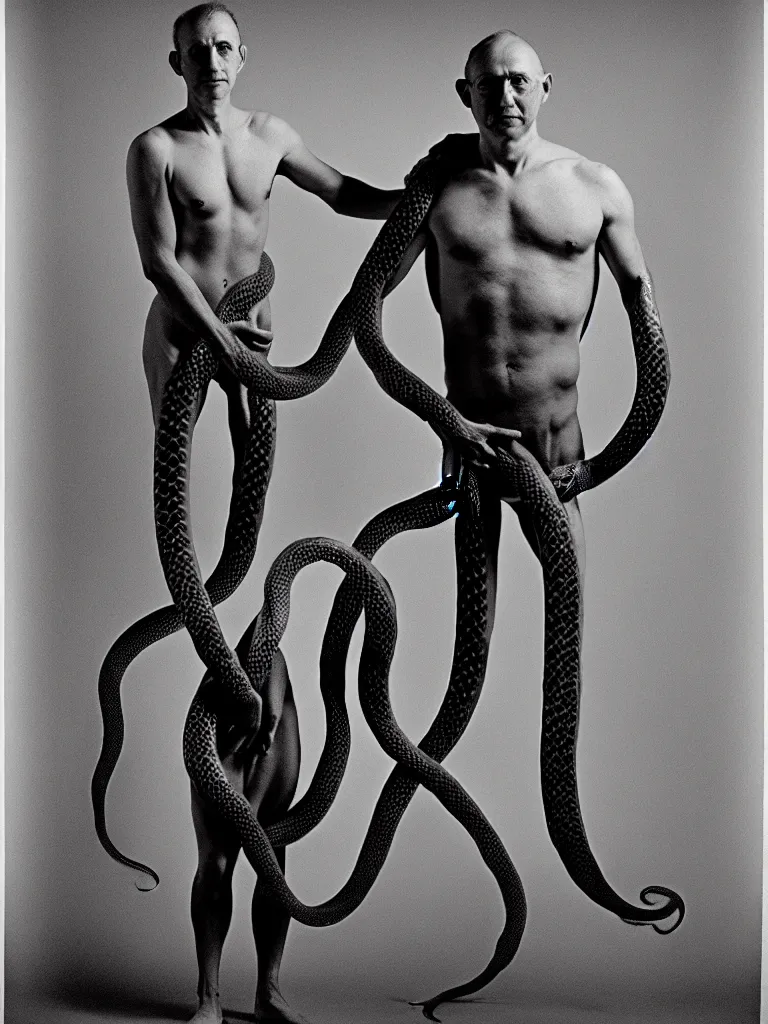 Image similar to a perfect full length portrait of a man standing, proudly displaying his four dimensional hyperbolic body extensions that extrude, protude and extend outwards and around his body like grasping prehensile tendrils tentacles and snakes, perfect studio lighting.