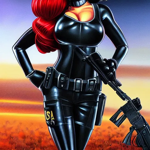 Prompt: jessica rabbit dressed as swat police officer, highly detailed portrait, digital painting, by julie bell, artgerm, ilya kuvshinov