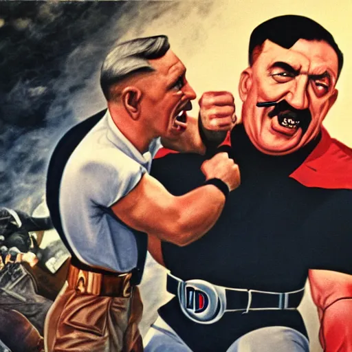 Prompt: UHD candid photo of Duke Nukem Punching Hitler, with accurate faces, UHD, photorealistic, correct faces, real hitler, photo by Annie Leibowitz