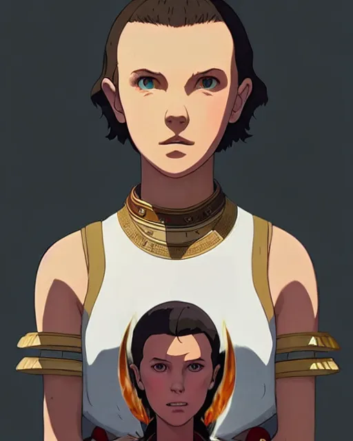 Image similar to millie bobby brown as an azctec warrior, detailed perfect face, exquisite details, fire magic, mid view, design on a white background, by studio muti, greg rutkowski makoto shinkai takashi takeuchi studio ghibli