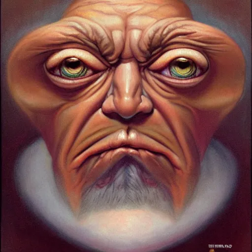 Image similar to very closeup face, big eyes, angry old man, surrealism, painting by boris vallejo and michael whelan