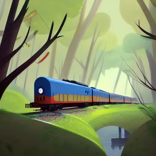 Image similar to a painting of a train traveling through a forest, a storybook illustration by goro fujita, deviantart, american scene painting, matte drawing, 2 d game art, speedpainting