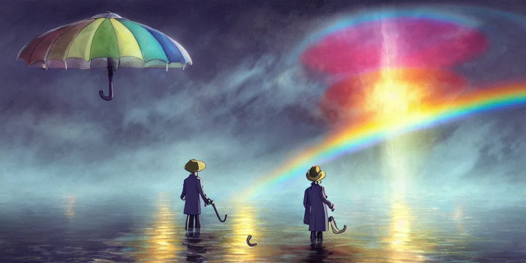 Image similar to a realistic and atmospheric cell - shaded concept art from howl's moving castle ( 2 0 0 4 ) of a rainbow colored ufo in the air. a man with an umbrella is standing in a flooded parking lot. it is a misty starry night. very dull muted colors, hd, 4 k, hq