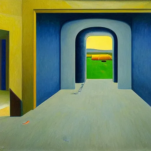 Image similar to sci - fi space ship rounded corridor, grant wood, pj crook, edward hopper, oil on canvas