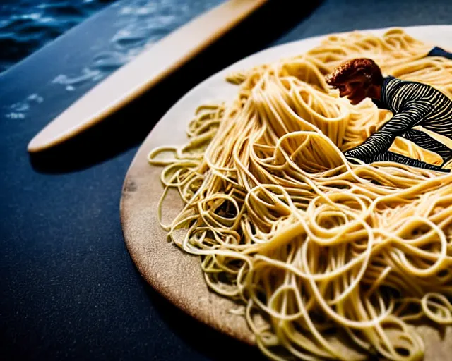 Image similar to close up of a beautiful ginger surfer, surfing on a surfboard in a sea of pasta, art nouveau, fantasy, intricate pasta waves, elegant, highly detailed, sharp focus, action sports photography