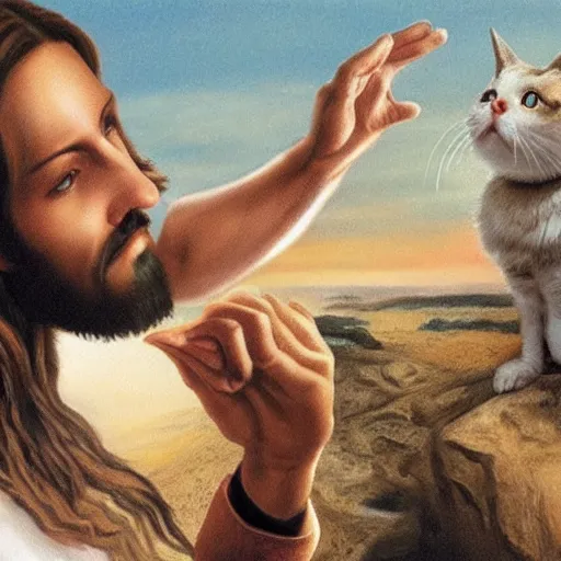 Image similar to realistic photo of jesus explaining the meaning of life to a cross - eyed cat,