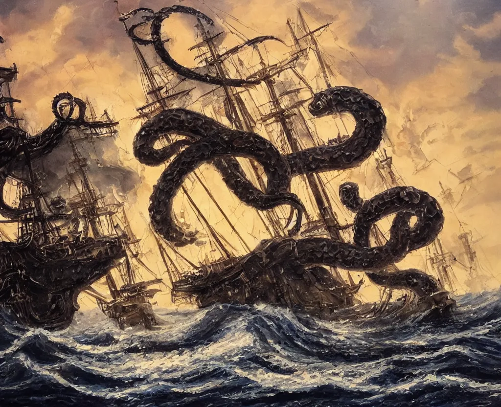 Image similar to oil painting of a kraken attacking a pirate ship
