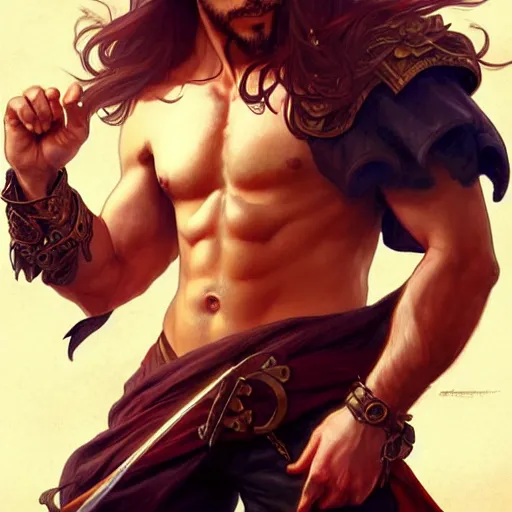 Image similar to full body shot of male pirate, D&D, handsome, amber eyes, muscular, fantasy, intricate, long hair, red hair, elegant, highly detailed, digital painting, artstation, concept art, smooth, sharp focus, illustration, art by artgerm and greg rutkowski and alphonse mucha