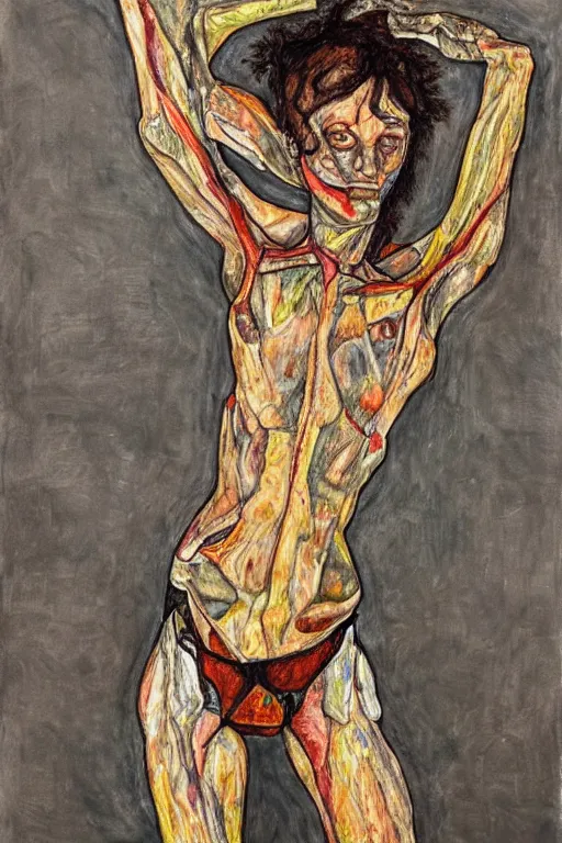 Prompt: a full body character with multiple lifted arms in style of egon schiele and herakut, masterpiece, hyperdetailed, complex, intricate, veiled, 4 k, dynamic!!