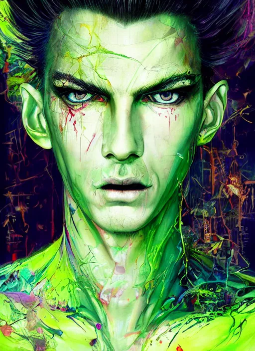 Image similar to a Demon Slayer portrait of Hyundai N Vision 74, tall, pale-skinned, slender with lime green eyes and long eyelashes by Stanley Artgerm, Tom Bagshaw, Arthur Adams, Carne Griffiths, trending on Deviant Art, street art, face enhance, chillwave, maximalist, full of color, glittering