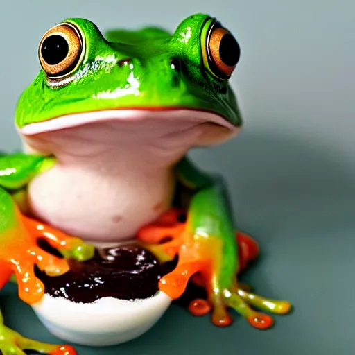 Prompt: a frog emerging from under bath of yogurt and milk