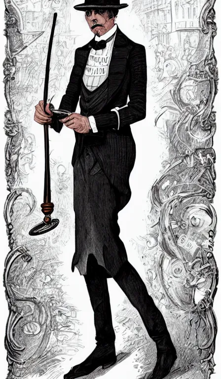 Prompt: a time traveling gentleman in a tailored suit with a monocle holding a pocket watch and using a cane who is thin, fit and very British by artgerm and wlop, tarot card style