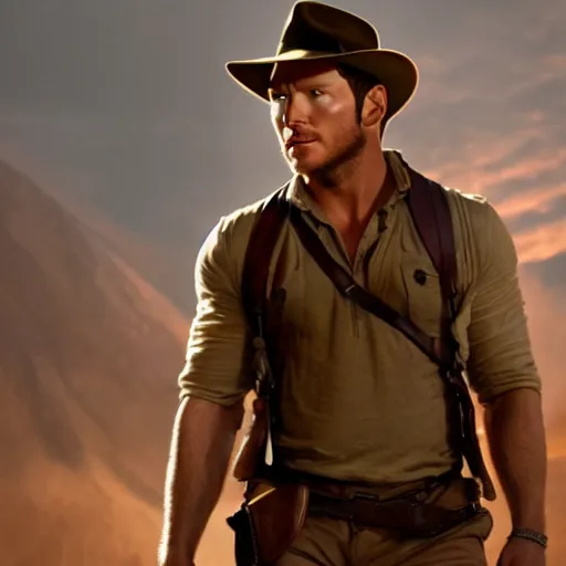 Image similar to stunning awe inspiring chris pratt as indiana jones, movie still 8 k hdr atmospheric lighting