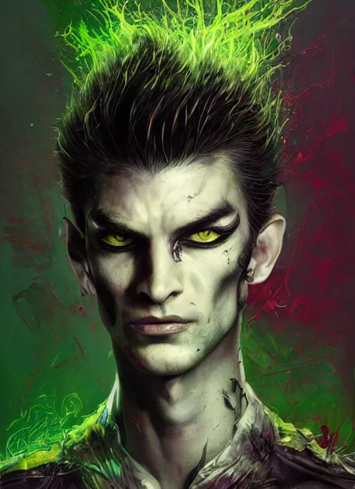 Prompt: a Demon Slayer portrait of Johnny Silverhand, tall, pale-skinned, slender with lime green eyes and long eyelashes by Stanley Artgerm, Tom Bagshaw, Arthur Adams, Carne Griffiths, trending on Deviant Art, street art, face enhance, chillwave, maximalist, full of color, glittering