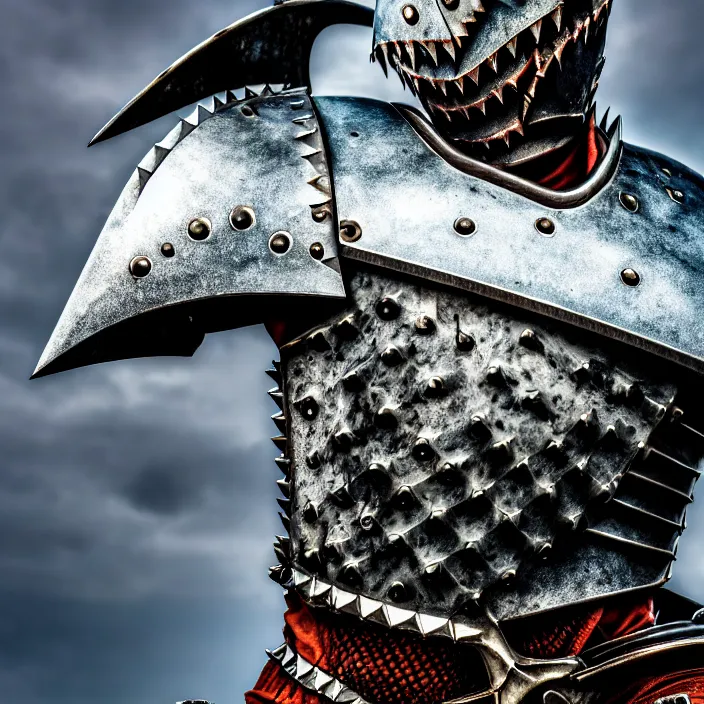 Image similar to photo of a warrior with metal shark themed armour, highly detailed, 4 k, hdr, smooth, sharp focus, high resolution, award - winning photo