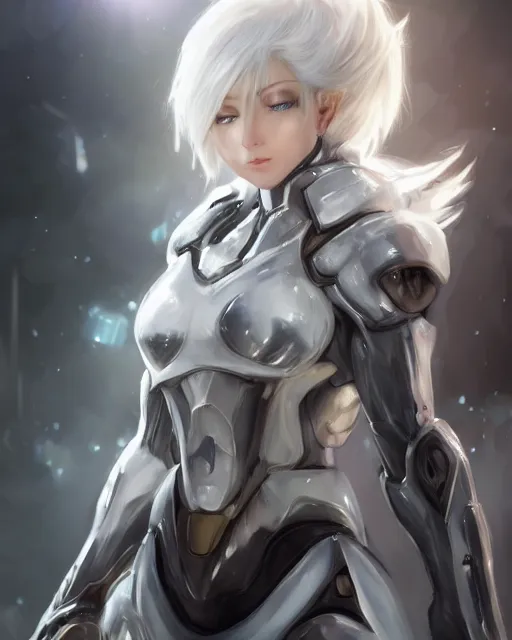 Image similar to perfect white haired girl, warframe armor, beautiful, dreamy, pretty face, blue eyes, portrait, detailed, bright light, scifi, amazing, utopian architecture in the background, laboratory, 4 k, ultra realistic, aura of light, cinematic, high detail, masterpiece, art by akihito tsukushi, akasuki brightmind