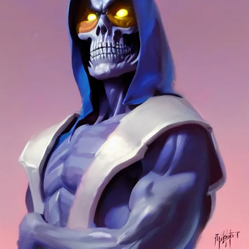 Prompt: greg manchess painting of skeletor as an overwatch character, profile picture, matte painting, bold shapes, hard edges, street art, trending on artstation, by huang guangjian and gil elvgren and sachin teng