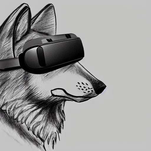 Prompt: sketch sideview of a wolf wearing a vr headset on his head