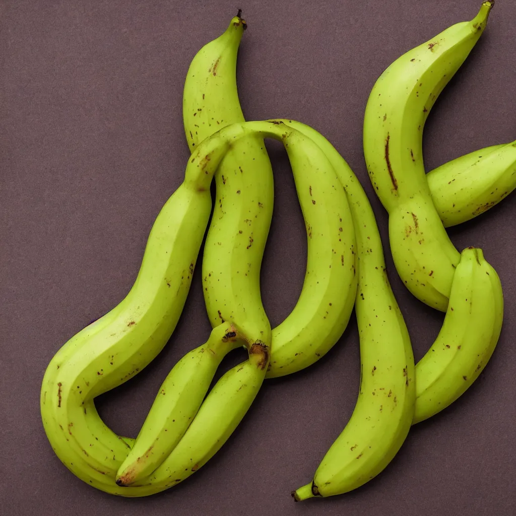 Prompt: very ripe looped bananas like a complex fractal, cracked, vegetable foliage, art nouveau fractal with petal shape, and stems, mesh roots, hyper real, food photography, high quality