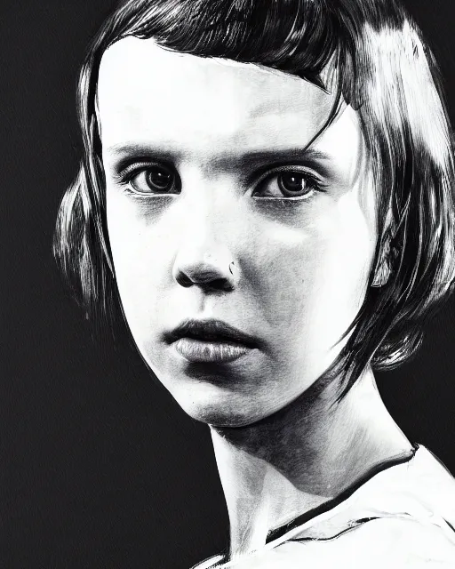 Image similar to close up portrait of millie bobby brown by yoji shinkawa, black and white, dramatic lighting