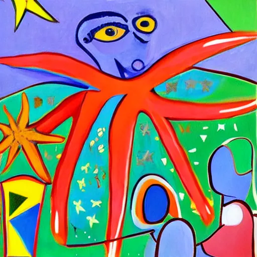 Prompt: a painting of a giant carob starfish with the words carob and starfish in big letters. children in a school band playing nearby. art by picasso