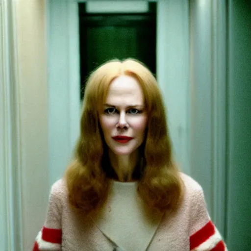 Image similar to Nicole Kidman in The Shining by Stanley Kubrick, cinematic, symmetrical face, 35mm lens, cinestill 400t film