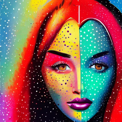 Image similar to beautiful face of girl in style spotty pointism without nose, super bright colors, colored spots, mixed liquid acrylic, painting come to life, artstation, ultradetail