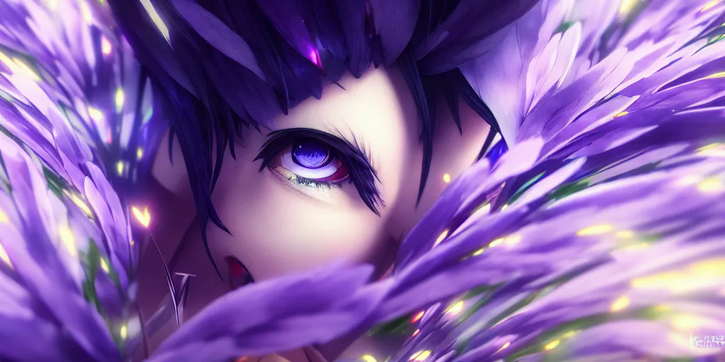 Prompt: anime ultraviolet iris, prism highlights, depth of field, cinematic, macro, concept art, art station, digital painting, elegant, epic, focus, octane render, v-ray, 8k, C4D, art by Katsushika Hokusai