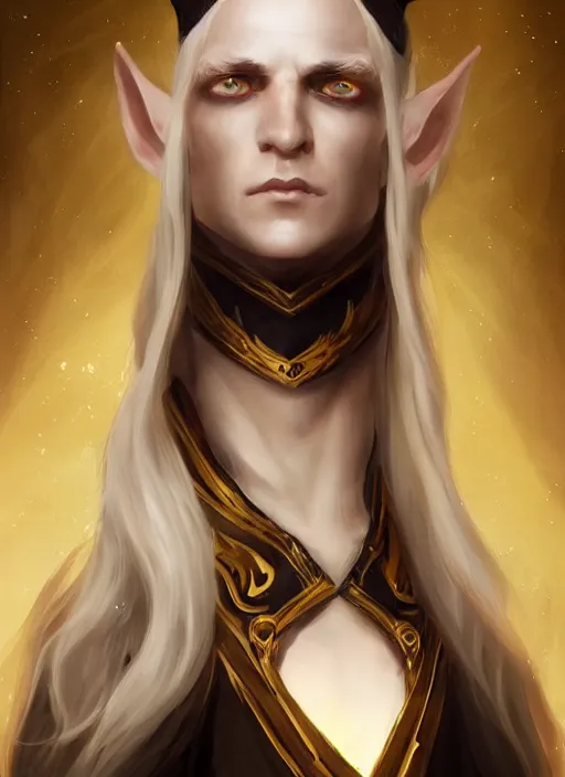 Prompt: beautiful male high elf, black and gold robes, charlie bowater, high resolution, cgi society, natalie shau, elegant, symmetrical face, sinister stare, realistic, no horns, long silver hair, trending on artstation