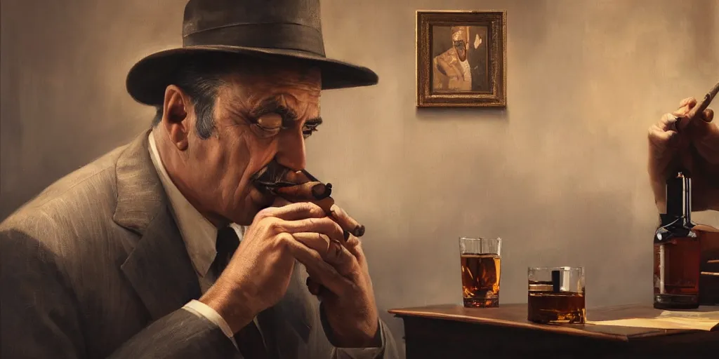 Image similar to beautiful oil matte portrait painting, mafia boss holding a cigar and drinking whiskey at his 5 0 s new york office desk, wonderful masterpiece highly detailed, beautiful cinematic light deep focus, elegant, digital painting, smooth, sharp focus, golden ratio, dramatic illumination, ultra realistic, 8 k, art by jimmy law