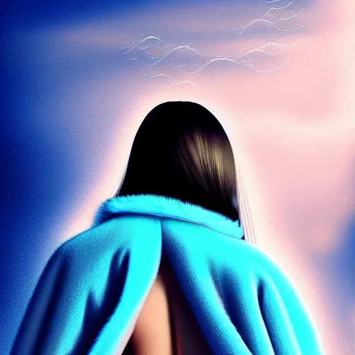 Image similar to giant droplets of water floating around a flying girl with wings, sky blue straight hair, low - angle shot from behind, blue coat, fur scarf, ultra fine detail, dark theme, digital painting, psychedelic, film still, cinematic, wlop, ilya kuvshinov, ross tran