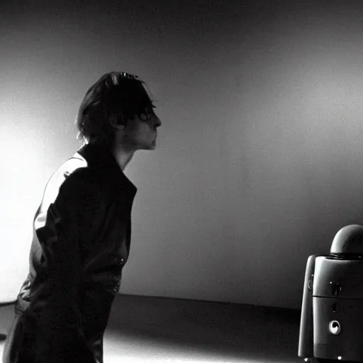 Image similar to a man and a robot in a moment of jealousy, movie still, Movie by Andrzej Zulawski and David Lynch