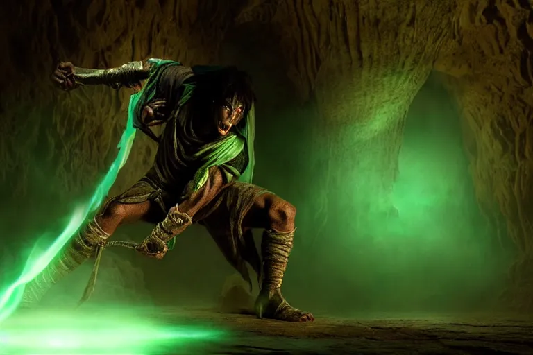 Image similar to vfx film, soul reaver, raziel irl, price of persia movie, missing jaw, hero pose, devouring magic souls, glowing green soul blade, in epic ancient sacred huge cave temple, flat color profile low - key lighting award winning photography arri alexa cinematography, hyper real photorealistic cinematic beautiful, atmospheric cool colorgrade