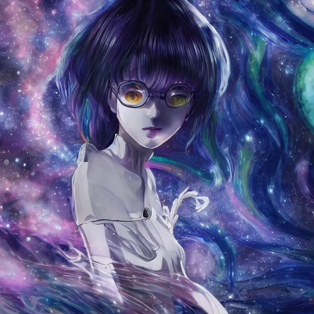 Prompt: rei ayanami, deep space, seascape, grimes, lain iwakura, silver hair, johfra bosschart, usagi, cut anime maid, cosmos, psychedelic flowers, black opal, rainbow aura quartz, organic, oni compound artwork, of character, render, artstation, portrait, wizard, beeple, art, fantasy, epcot, psychedelic glitchcore