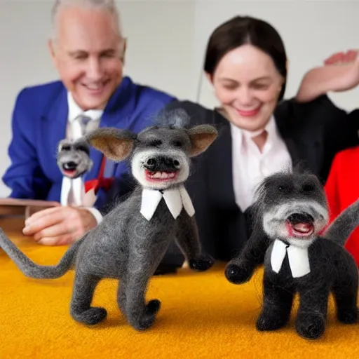 Image similar to a happy accounting firm staffed by different types of hyper-realistic felted toy mice, with a xerox machine, computers, kitchenette and conferenceroom, with a small black woolly terrier dog as the manager, colourful, playful, miniature